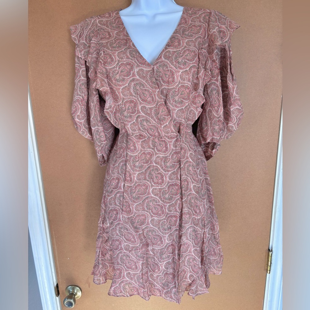 NEW! Shimmery Silk The Kooples Pink Paisley Ruffle Mini Wrap Dress